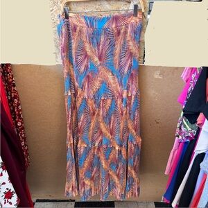 Boho Tiered Maxi Skirt - Blue & Brown Leaf Print
